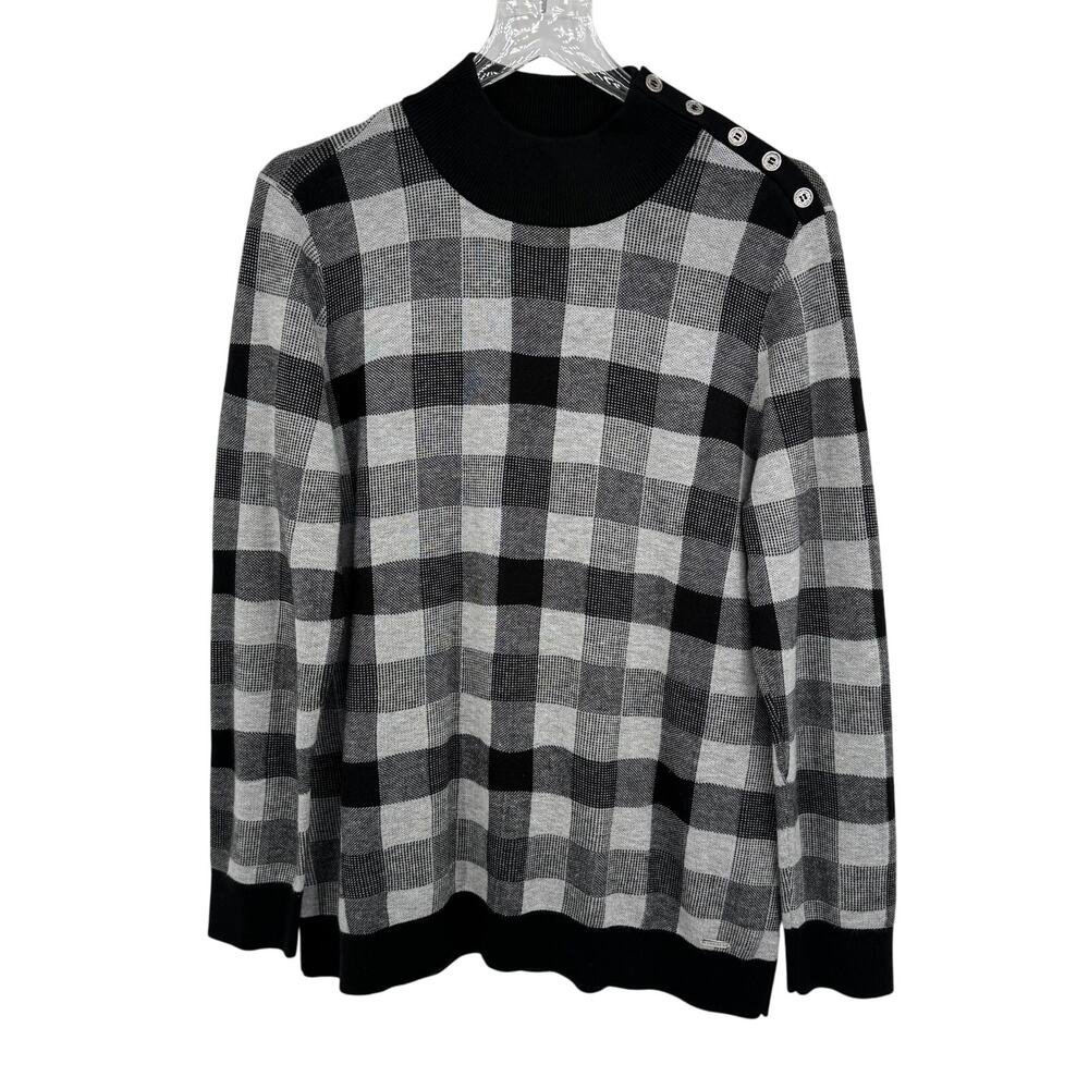 Calvin Klein sweater women's large pullover mock neck check button black white